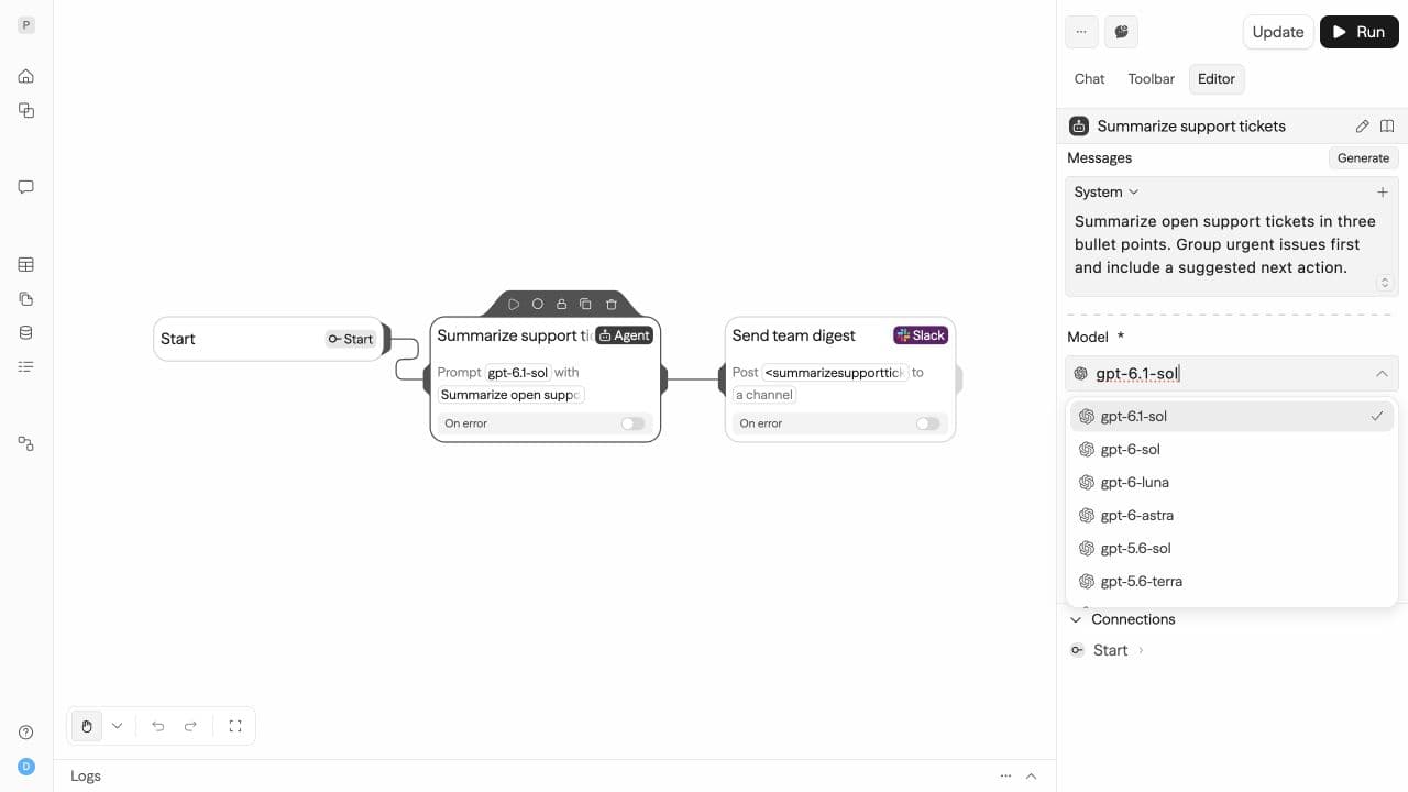 GPT-6.1 Sol selected in the Agent block model picker