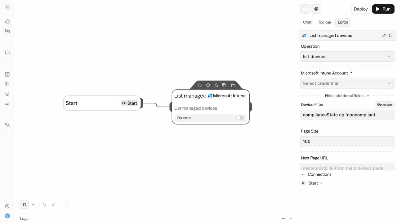 Microsoft Intune List Devices operation with a noncompliant-device filter in Sim