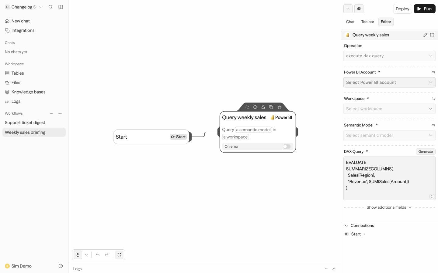 Power BI query configuration using a sample sales model in Sim